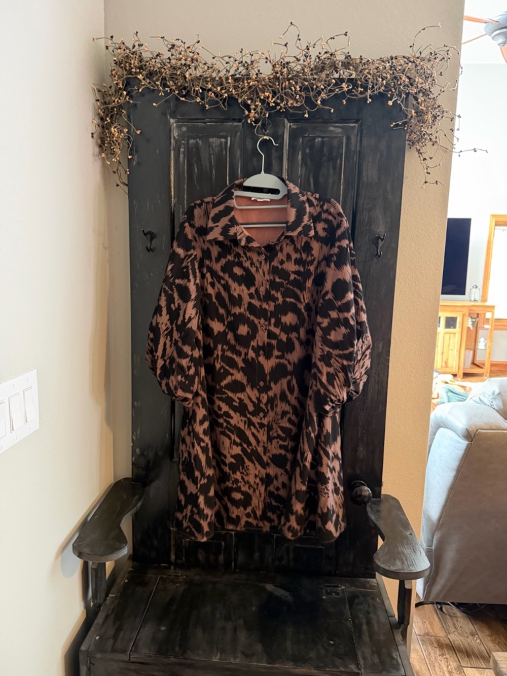 Long Sleeve Animal Print Shirt Dress - Brown/Black